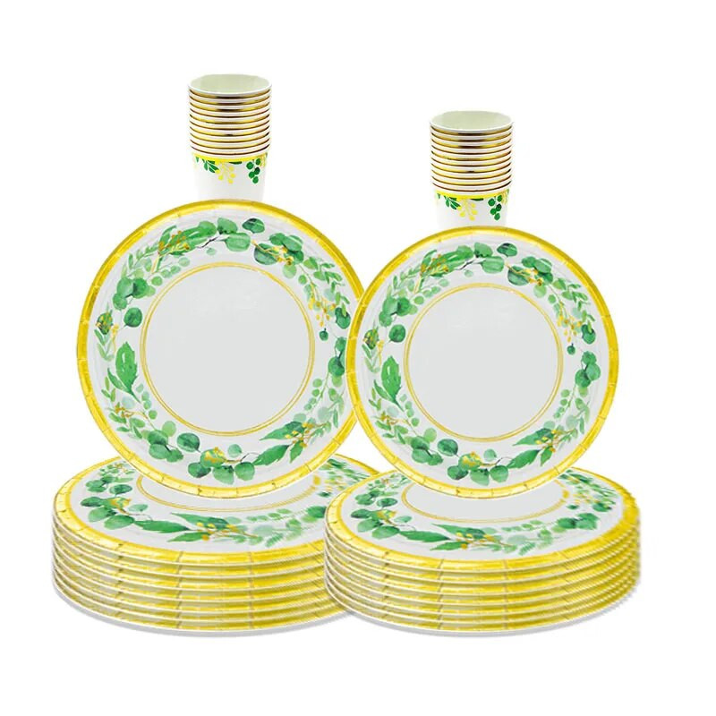 Χρυσή δαντέλα Πράσινα φύλλα Επιτραπέζια σκεύη μιας χρήσης Προμήθειες για ντους μωρών Πράσινη φυτική στάμπα πετσέτες Παιδικά διακοσμητικά για πάρτι για χαρούμενα γενέθλια