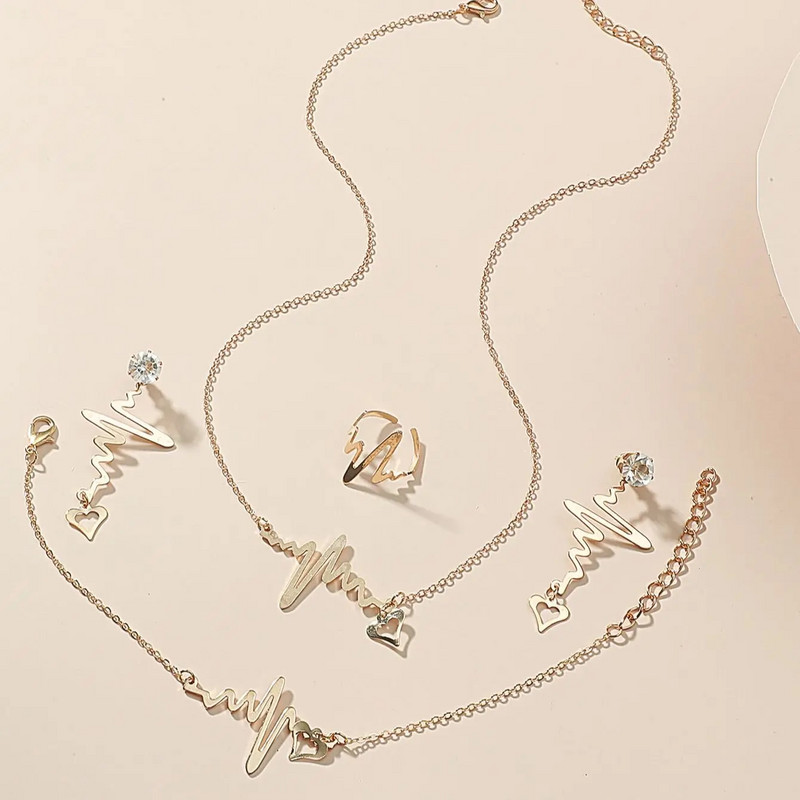 Σετ κοσμήματα 5 γυναικείου απλού στιλ με όλα τα ταιριαστά Μόδα κοσμήματα Ασημί χρώμα Καρδιά Καρδιά Σκουλαρίκια Κολιέ Καρδιά Δαχτυλίδι Σετ κοσμημάτων