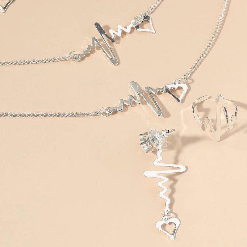 Σετ κοσμήματα 5 γυναικείου απλού στιλ με όλα τα ταιριαστά Μόδα κοσμήματα Ασημί χρώμα Καρδιά Καρδιά Σκουλαρίκια Κολιέ Καρδιά Δαχτυλίδι Σετ κοσμημάτων