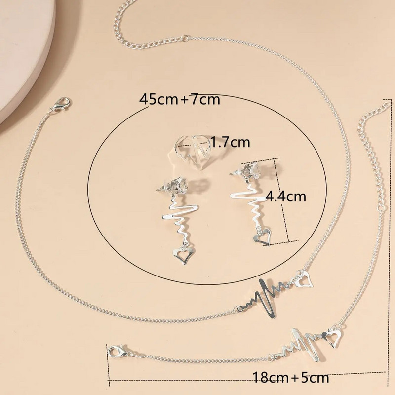 Σετ κοσμήματα 5 γυναικείου απλού στιλ με όλα τα ταιριαστά Μόδα κοσμήματα Ασημί χρώμα Καρδιά Καρδιά Σκουλαρίκια Κολιέ Καρδιά Δαχτυλίδι Σετ κοσμημάτων