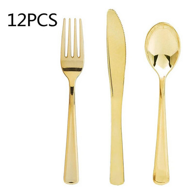 12 τμχ Ροζ χρυσό πλαστικό μαχαίρι πιρούνι κουτάλι Πολυτελές σερβίτσιο για δείπνο για τα γενέθλια του γάμου Σετ σερβίτσιων για πάρτι του Αγίου Βαλεντίνου