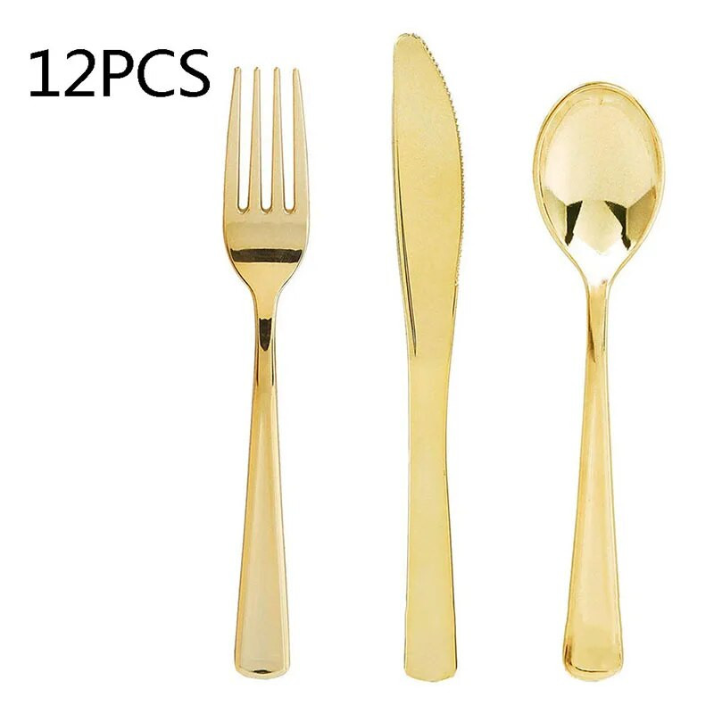 12 τμχ Ροζ χρυσό πλαστικό μαχαίρι πιρούνι κουτάλι Πολυτελές σερβίτσιο για δείπνο για τα γενέθλια του γάμου Σετ σερβίτσιων για πάρτι του Αγίου Βαλεντίνου