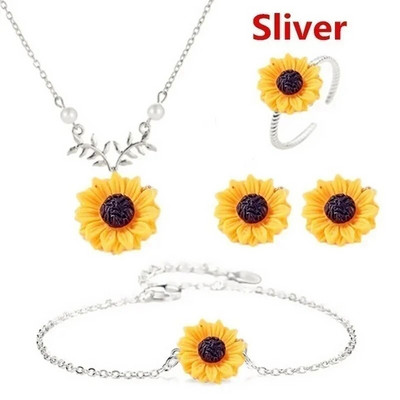 3/5 τμχ/σετ Κρεμαστό Κολιέ Σκουλαρίκια Βραχιόλι Σετ δαχτυλίδι Ηλίανθος Σετ κοσμήματα Καλοκαιρινή μόδα Γυναικεία αξεσουάρ κοσμημάτων
