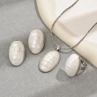 Σετ κολιέ με κορεατική αλυσίδα με οβάλ μαργαριτάρι δαχτυλίδι για γυναίκες