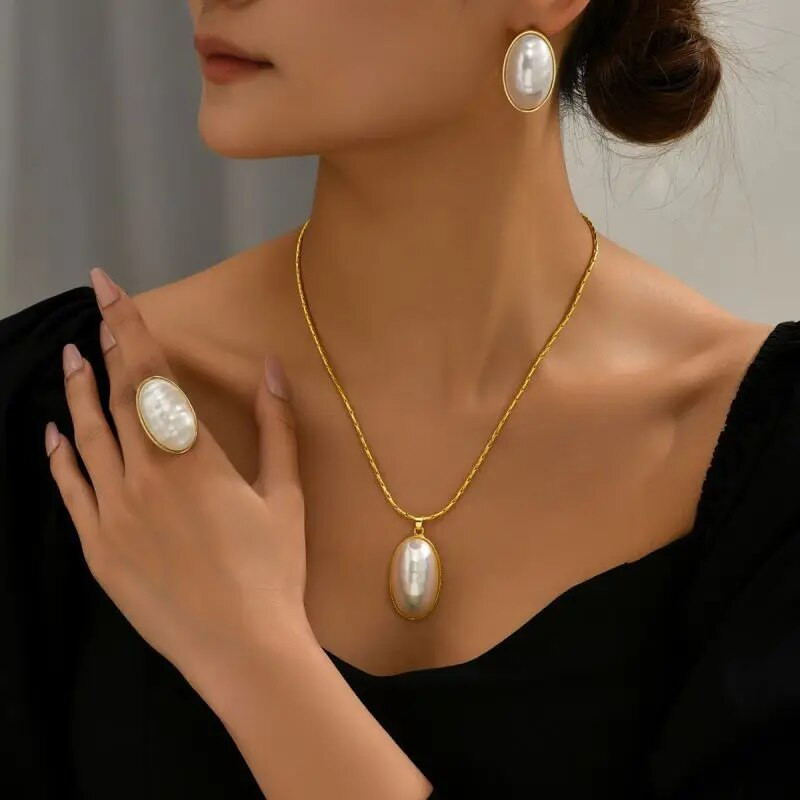 Σετ κολιέ με κορεατική αλυσίδα με οβάλ μαργαριτάρι δαχτυλίδι για γυναίκες