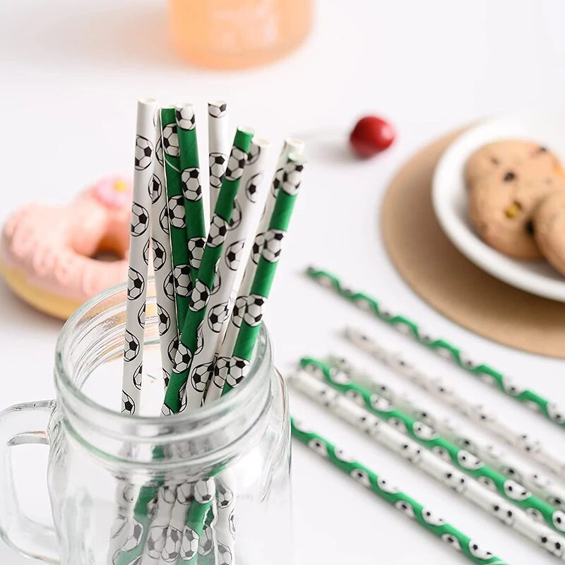 25 τεμ. Χάρτινα καλαμάκια μιας χρήσης για ποδοσφαιρικό πάρτι, βιοδιασπώμενα καλαμάκια πόσιμου, παιδικά διακοσμητικά πάρτι γενεθλίων με αθλητικό θέμα Χονδρική