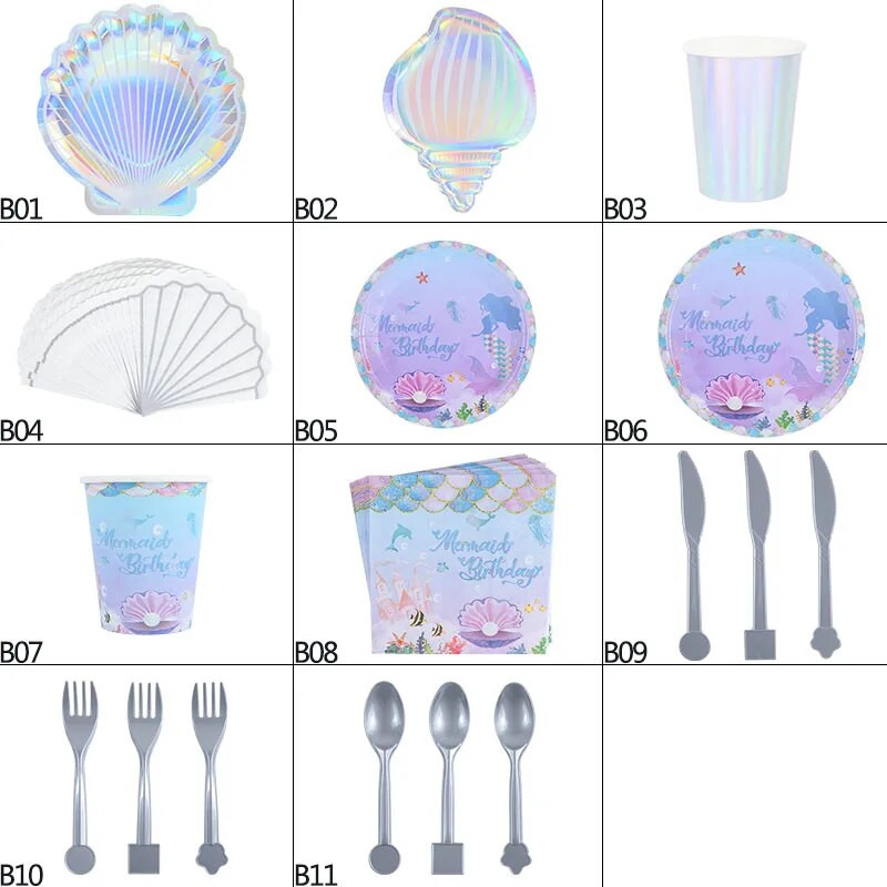 Επιτραπέζια σκεύη μιας χρήσης Mermaid Party Πολύχρωμο κύπελλο πιάτου με κοχύλι κάτω από τη θάλασσα Baby Shower Little Mermaid Birthday Party Decora