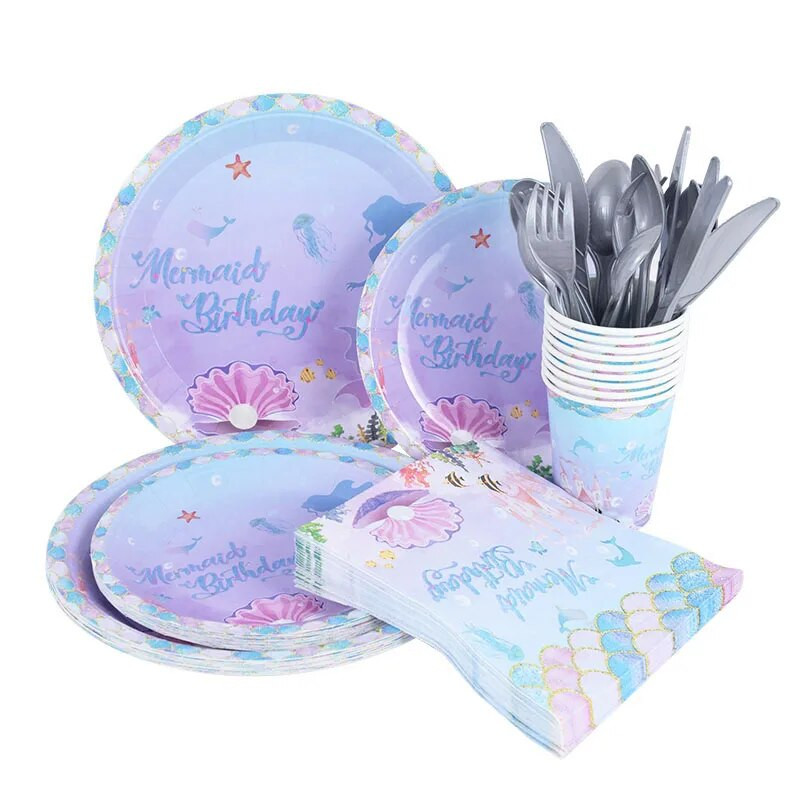 Επιτραπέζια σκεύη μιας χρήσης Mermaid Party Πολύχρωμο κύπελλο πιάτου με κοχύλι κάτω από τη θάλασσα Baby Shower Little Mermaid Birthday Party Decora