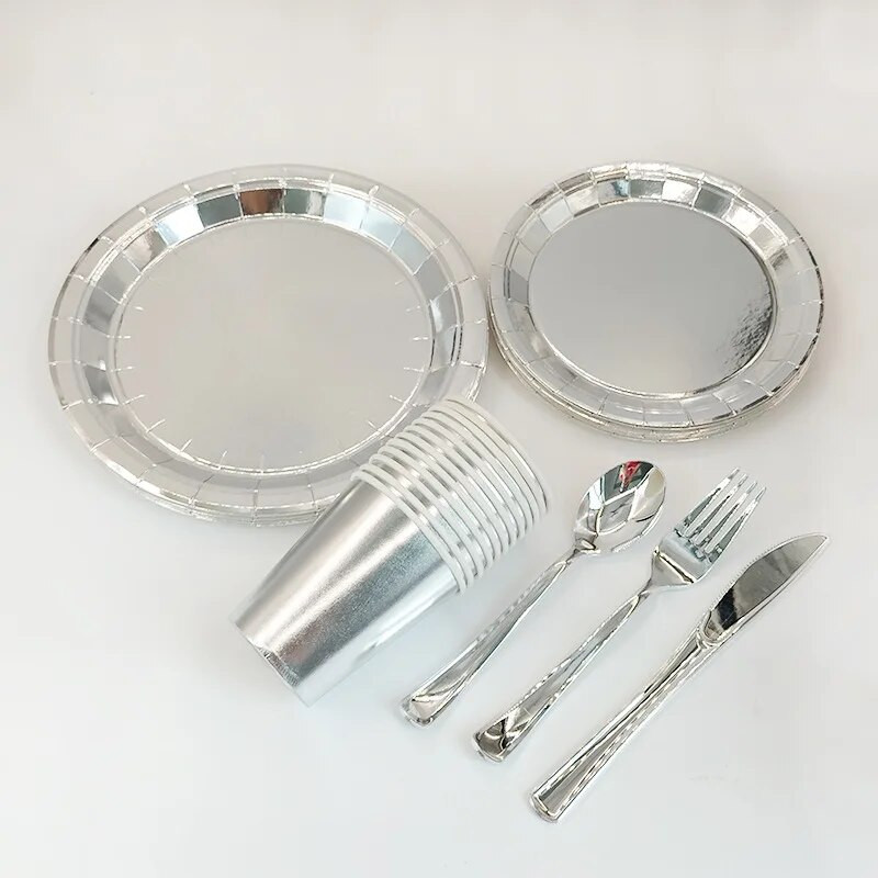 Ασημένια χάρτινα πιάτα Πανό Τραπεζομάντιλο Διακόσμηση πάρτι γενεθλίων Σετ σερβίτσιο μιας χρήσης Baby shower Wedding bachelor party Supplies