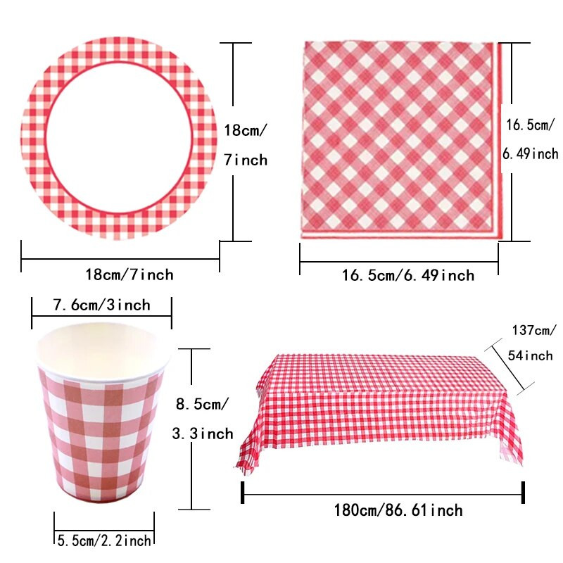 Pastoral Red and White καρό Σετ σερβίτσια Χάρτινα Πιάτα Χαρτοπετσέτες Κύπελλα Ορθογώνιο Πλαστικό Τραπεζομάντιλο Πικ-νικ Σερβίτσιο για το Σπίτι