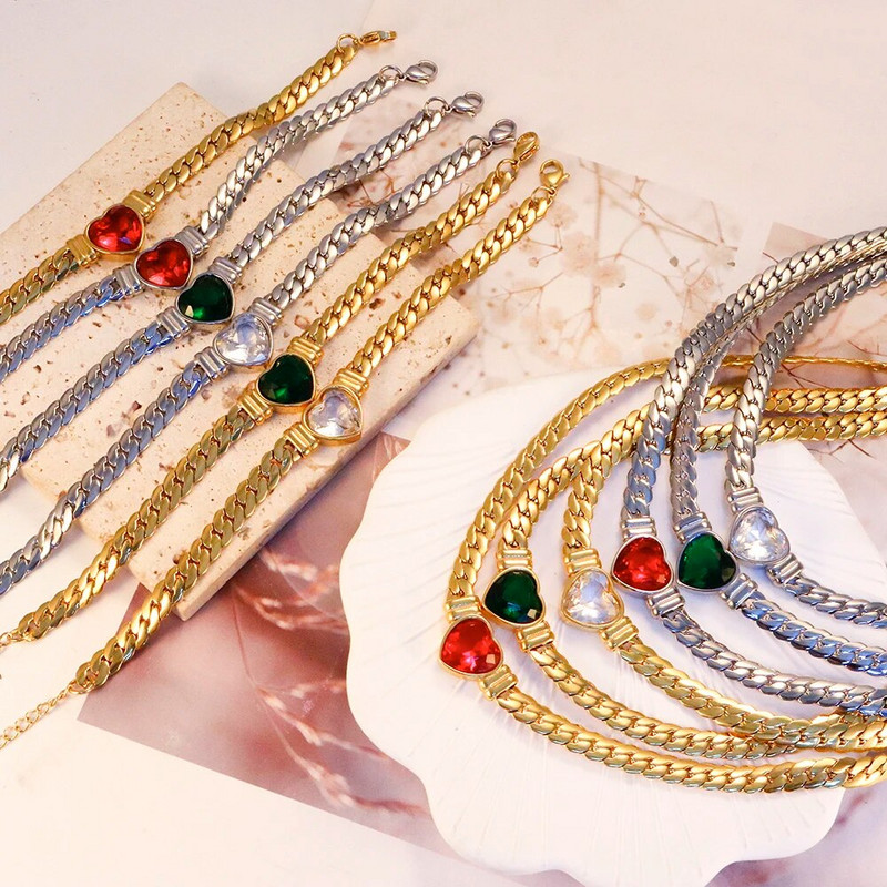 Βραχιόλι JOVOLOVE 316L από ανοξείδωτο ατσάλι Love Heart Shape Charm Κρυστάλλινο κολιέ κρεμαστό βραχιόλι Γυναικείο σετ κοσμημάτων μόδας 2023