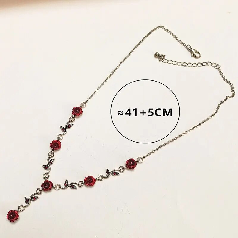 Vintage Κόκκινο τριαντάφυλλο σε σχήμα λουλουδιών Σετ Κοσμήματα Κολιέ Βραχιόλι Σκουλαρίκι Stud 4 τμχ Σετ Κοσμήματα για κορίτσια για πάρτι Δώρο γενεθλίων