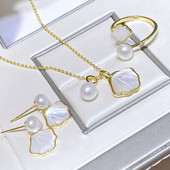 Ευρωπαϊκή και Αμερικάνικη ρετρό κέλυφος μαργαριτάρι S925 ασημένια σκουλαρίκια βελόνα δαχτυλίδι κολιέ δαχτυλίδι κομψά γυναικεία κοσμήματα γάμου 3 τεμαχίων