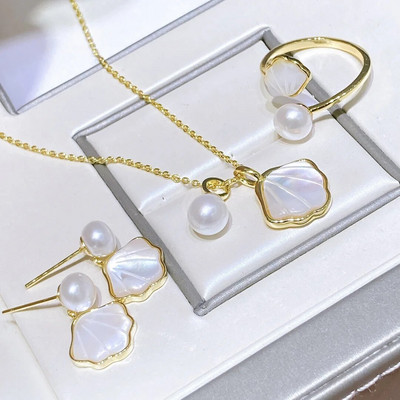 Ευρωπαϊκή και Αμερικάνικη ρετρό κέλυφος μαργαριτάρι S925 ασημένια σκουλαρίκια βελόνα δαχτυλίδι κολιέ δαχτυλίδι κομψά γυναικεία κοσμήματα γάμου 3 τεμαχίων