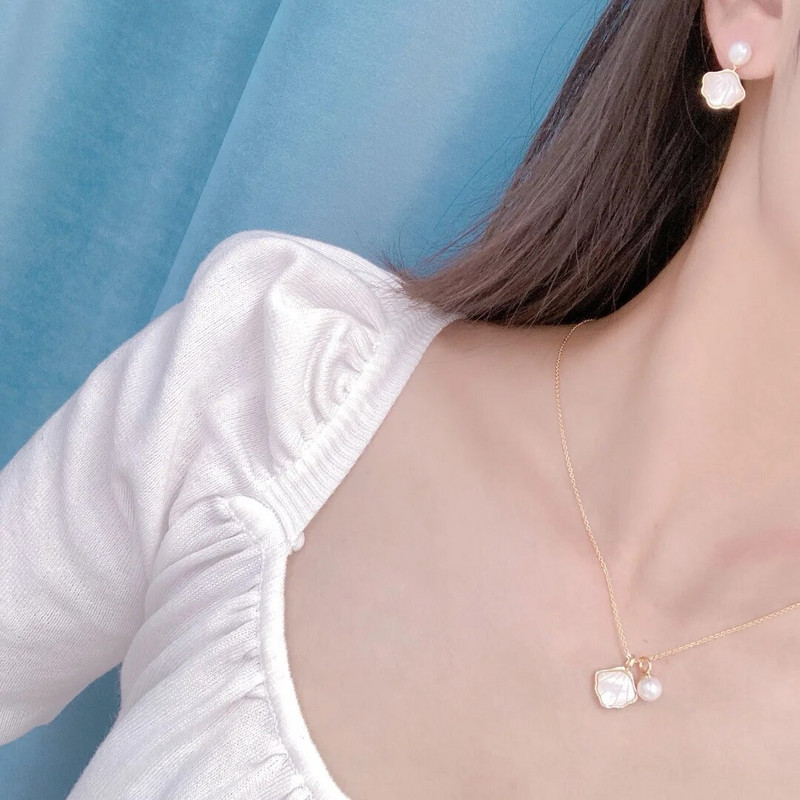 Ευρωπαϊκή και Αμερικάνικη ρετρό κέλυφος μαργαριτάρι S925 ασημένια σκουλαρίκια βελόνα δαχτυλίδι κολιέ δαχτυλίδι κομψά γυναικεία κοσμήματα γάμου 3 τεμαχίων