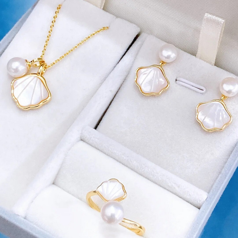 Ευρωπαϊκή και Αμερικάνικη ρετρό κέλυφος μαργαριτάρι S925 ασημένια σκουλαρίκια βελόνα δαχτυλίδι κολιέ δαχτυλίδι κομψά γυναικεία κοσμήματα γάμου 3 τεμαχίων