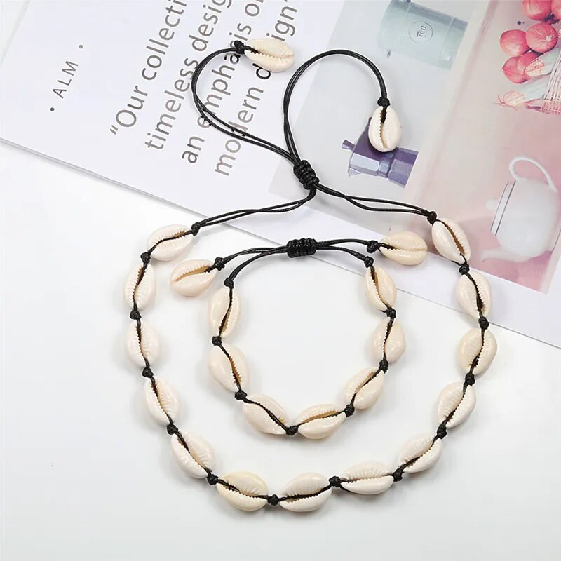 Hot Sell Σετ βραχιόλι κολιέ με φυσικά κοχύλια Bohemian Sea Beach Conch Cowrie Choker Shell Γυναικεία καλοκαιρινά χειροποίητα κοσμήματα