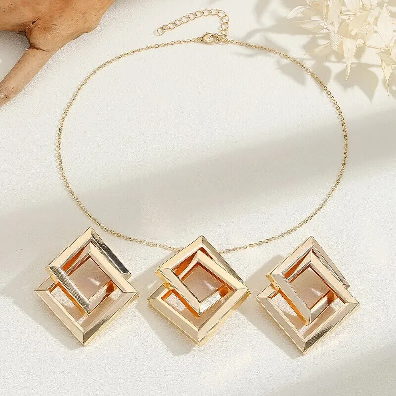 2 ΤΕΜ τετράγωνο σετ κοσμημάτων Κρεμαστό κολιέ Σκουλαρίκια σετ για γυναικείο πάρτι Κοσμήματα Δώρο σε μοντέρνο στυλ