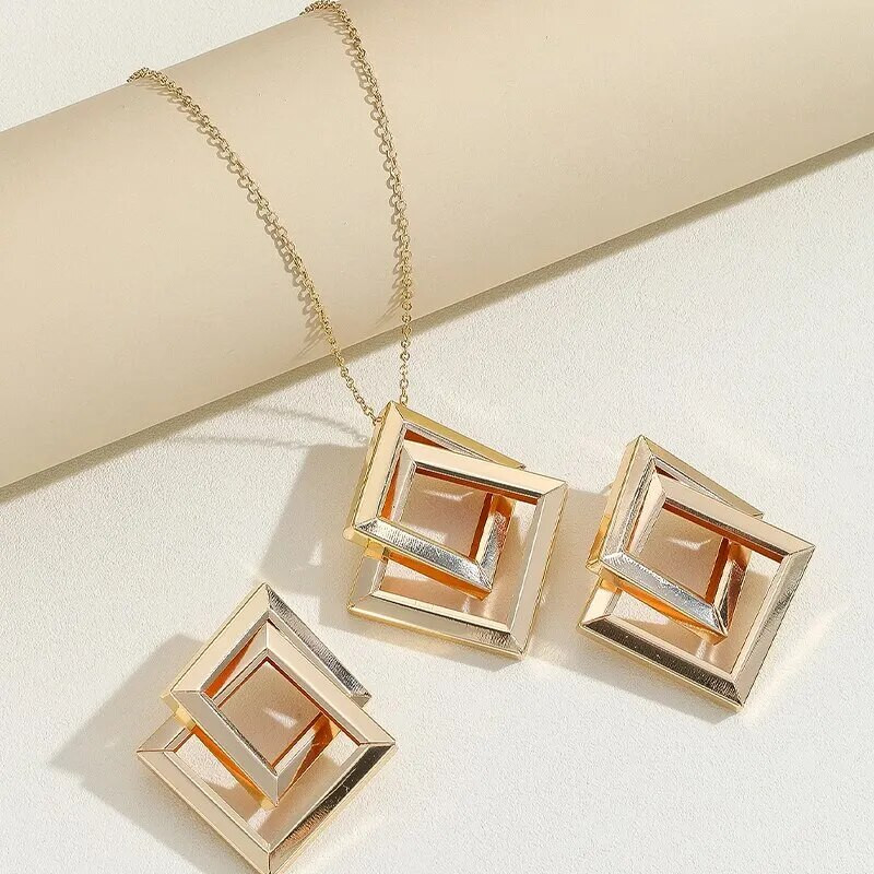 2 ΤΕΜ τετράγωνο σετ κοσμημάτων Κρεμαστό κολιέ Σκουλαρίκια σετ για γυναικείο πάρτι Κοσμήματα Δώρο σε μοντέρνο στυλ