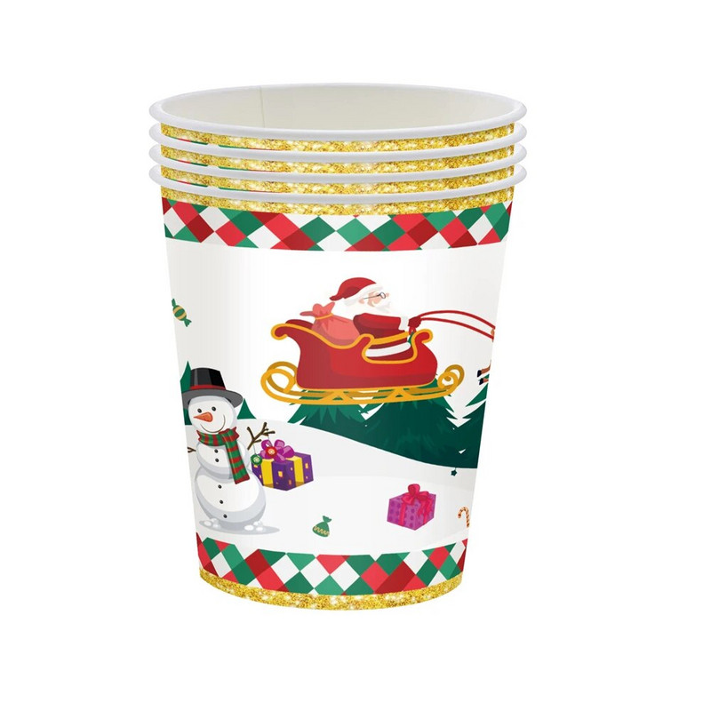 Χαρούμενα Χριστούγεννα Χρυσό Θέμα Πάρτι Χάρτινα πιάτα μιας χρήσης Χάρτινα ποτήρια Χάρτινες πετσέτες Μαχαιροπίρουνα Santa Snowman Reindeer Party Μαχαιροπήρουνα