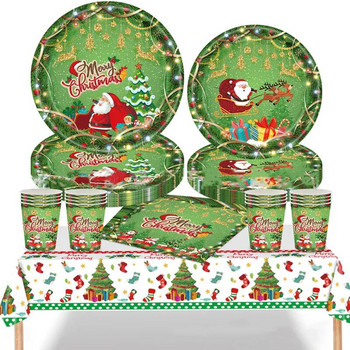 Πράσινο χριστουγεννιάτικο πάρτι Επιτραπέζια σκεύη μιας χρήσης Cartoon Πιάτα Άγιου Βασίλη Φλιτζάνια Χαρτοχριστουγεννιάτικη διακόσμηση Navidad Καλή Χρονιά
