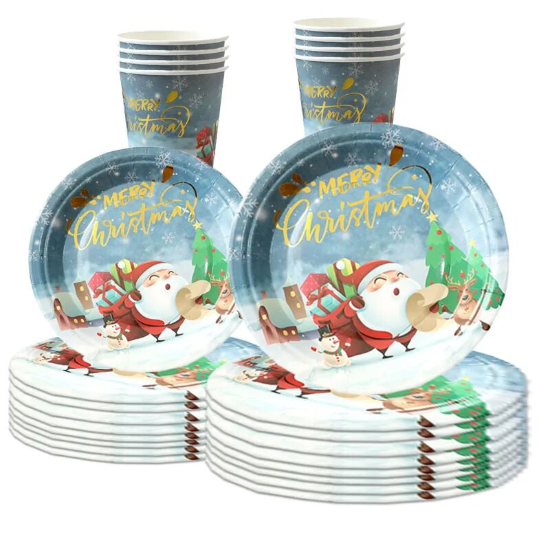 10 Guests Χριστουγεννιάτικα σετ επιτραπέζια σκεύη μιας χρήσης Cartoon Άγιος Βασίλης Χριστουγεννιάτικο δέντρο με νιφάδες χιονιού χαρτοπετσέτες Χαρούμενα Χριστούγεννα διακόσμηση για το σπίτι