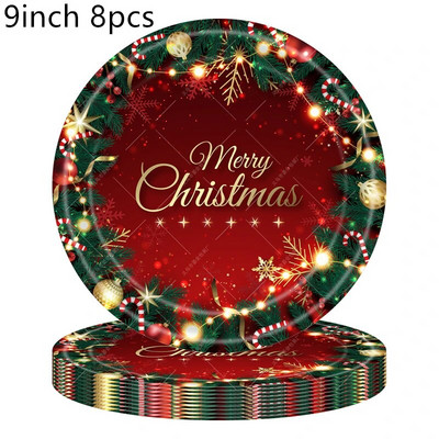 8 τμχ Merry Christmas Theme Party Χάρτινα πιάτα μιας χρήσης Φλιτζάνια Χαρτοπετσέτες Τραπεζομάντιλο Χριστουγεννιάτικα σερβίτσια Προμήθειες Διακόσμηση