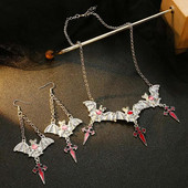 Σετ σκουλαρίκια με κολιέ γοτθική νυχτερίδα βαμπίρ για το Halloween Κρεμαστό κολιέ με νυχτερίδα Ερυθρός Σταυρός Σκουλαρίκια σταγόνας για Γυναικεία Κοσμήματα Δώρο Cool Style