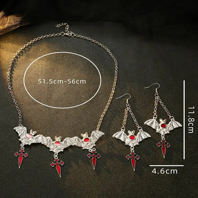 Σετ σκουλαρίκια με κολιέ γοτθική νυχτερίδα βαμπίρ για το Halloween Κρεμαστό κολιέ με νυχτερίδα Ερυθρός Σταυρός Σκουλαρίκια σταγόνας για Γυναικεία Κοσμήματα Δώρο Cool Style