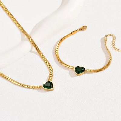 Ρυθμιζόμενη αλυσίδα φιδιού από πράσινο γυαλί σετ κοσμημάτων Vintage σε σχήμα καρδιάς από επιχρυσωμένο ασήμι 925ο για Γυναίκα Κορίτσι με καθημερινά ρούχα Γάμος
