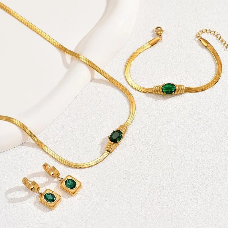 Ρυθμιζόμενη αλυσίδα φιδιού από πράσινο γυαλί σετ κοσμημάτων Vintage σε σχήμα καρδιάς από επιχρυσωμένο ασήμι 925ο για Γυναίκα Κορίτσι με καθημερινά ρούχα Γάμος