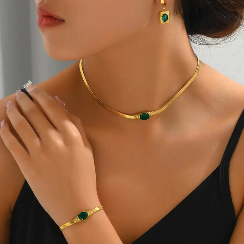 Ρυθμιζόμενη αλυσίδα φιδιού από πράσινο γυαλί σετ κοσμημάτων Vintage σε σχήμα καρδιάς από επιχρυσωμένο ασήμι 925ο για Γυναίκα Κορίτσι με καθημερινά ρούχα Γάμος