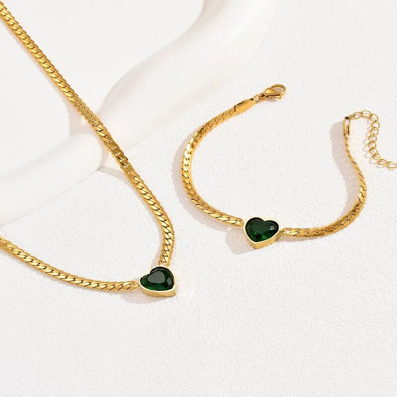 Ρυθμιζόμενη αλυσίδα φιδιού από πράσινο γυαλί σετ κοσμημάτων Vintage σε σχήμα καρδιάς από επιχρυσωμένο ασήμι 925ο για Γυναίκα Κορίτσι με καθημερινά ρούχα Γάμος