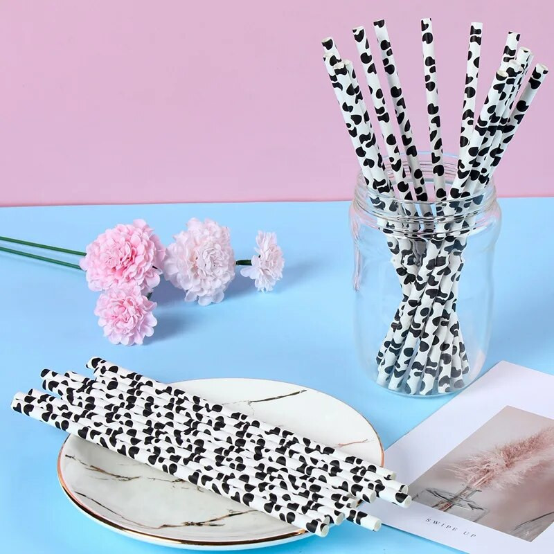 25 τεμ. Μαύρο λευκό χαρτί αγελάδας με μοτίβο αγελάδας Drinking Straw Jungle Theme Decor Party Καλαμάκια Παιδική χειροτεχνία Προμήθειες χυμού αγελάδας