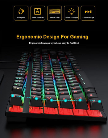 RGB геймърска клавиатура Геймърска клавиатура и мишка с подсветка USB 104 клавишни капачки Кабелна ергономична руска клавиатура за компютърен лаптоп