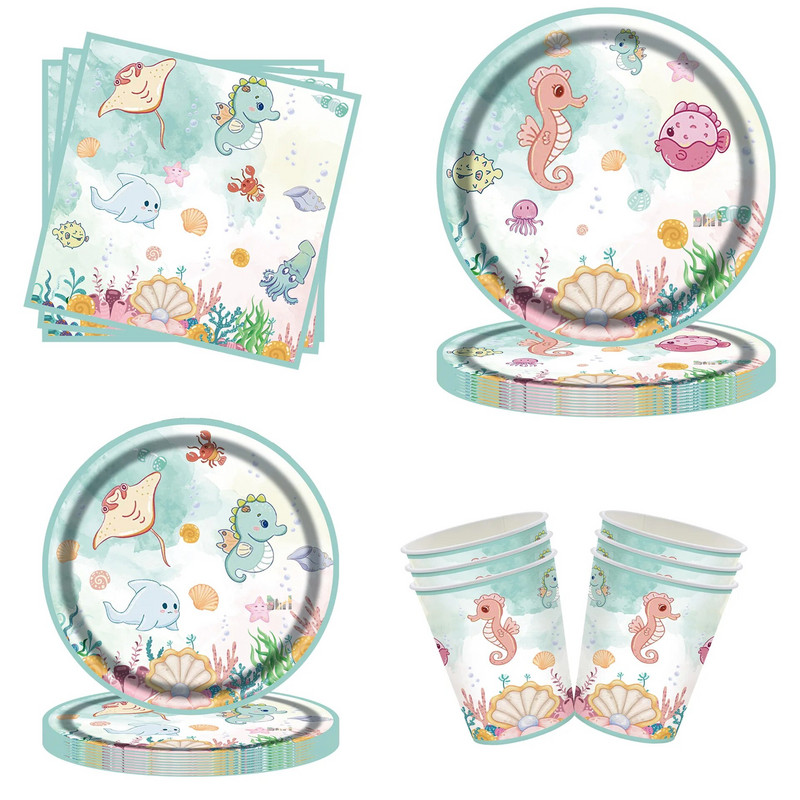 8 τμχ New Ocean Animal Party Επιτραπέζια σκεύη Παιδικά πάρτι γενεθλίων Αναλώσιμα Χαριτωμένα χάρτινα πιάτα μιας χρήσης Sea Octopus Χρόνια πολλά