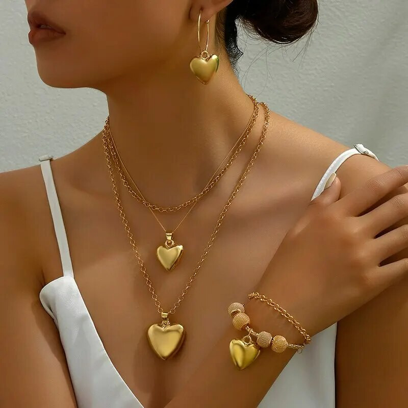 3 τμχ Κολιέ με κρεμαστό κόσμημα καρδιές Σκουλαρίκια σταγόνα Γυναικεία Βραχιόλια Χρυσό Χρώμα Σετ κοσμημάτων διπλής αλυσίδας Γυναικείο δώρο γάμου