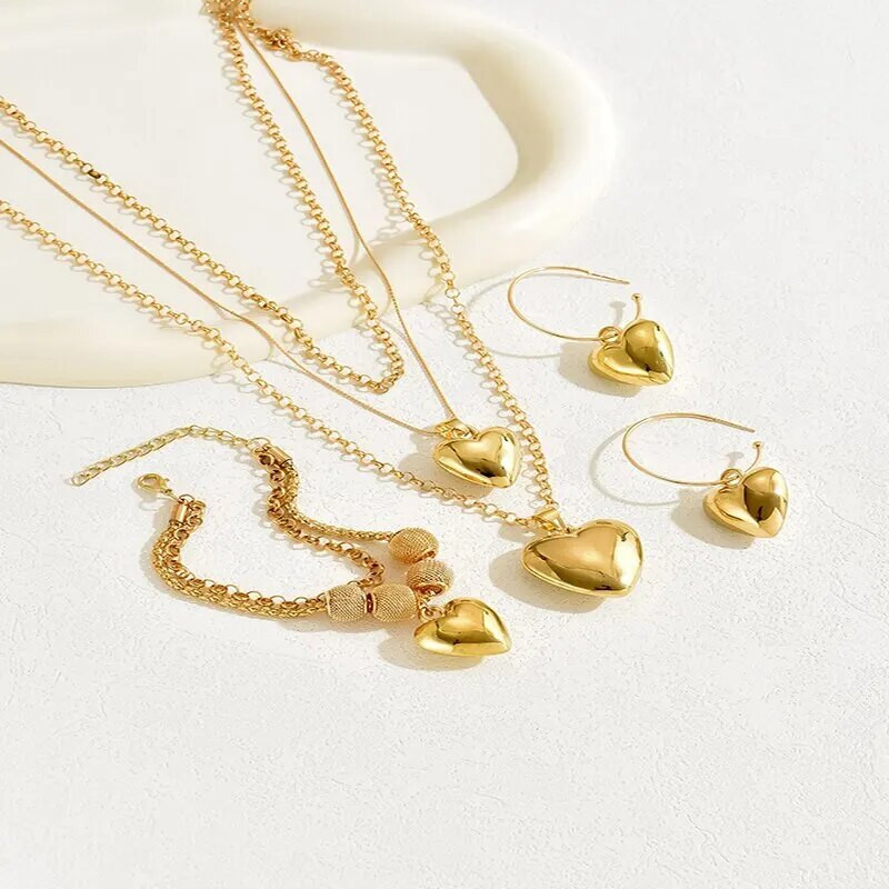 3 τμχ Κολιέ με κρεμαστό κόσμημα καρδιές Σκουλαρίκια σταγόνα Γυναικεία Βραχιόλια Χρυσό Χρώμα Σετ κοσμημάτων διπλής αλυσίδας Γυναικείο δώρο γάμου