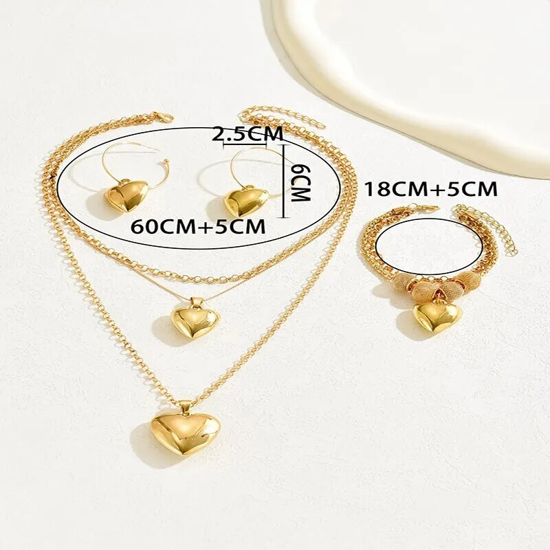 3 τμχ Κολιέ με κρεμαστό κόσμημα καρδιές Σκουλαρίκια σταγόνα Γυναικεία Βραχιόλια Χρυσό Χρώμα Σετ κοσμημάτων διπλής αλυσίδας Γυναικείο δώρο γάμου