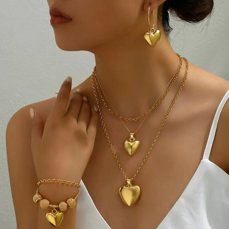 3 τμχ Κολιέ με κρεμαστό κόσμημα καρδιές Σκουλαρίκια σταγόνα Γυναικεία Βραχιόλια Χρυσό Χρώμα Σετ κοσμημάτων διπλής αλυσίδας Γυναικείο δώρο γάμου