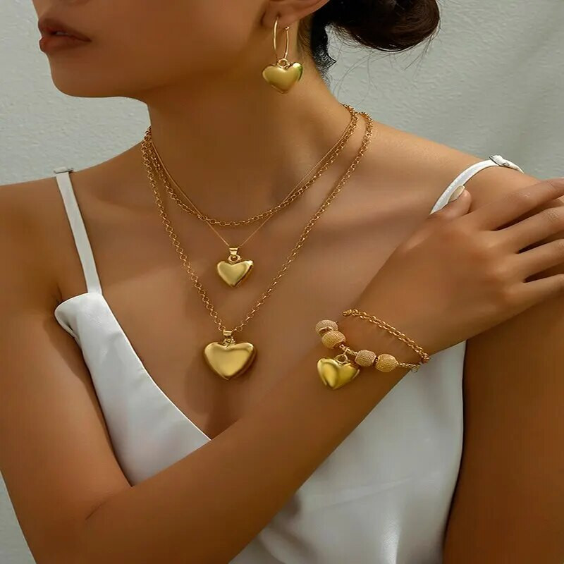 3 τμχ Κολιέ με κρεμαστό κόσμημα καρδιές Σκουλαρίκια σταγόνα Γυναικεία Βραχιόλια Χρυσό Χρώμα Σετ κοσμημάτων διπλής αλυσίδας Γυναικείο δώρο γάμου