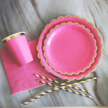 Съдове за еднократна употреба Gold Rose Парти хартиени чинии Чаша Слама Сувенири за рожден ден Парти консумативи Сватбен декор Червени комплекти сервизи