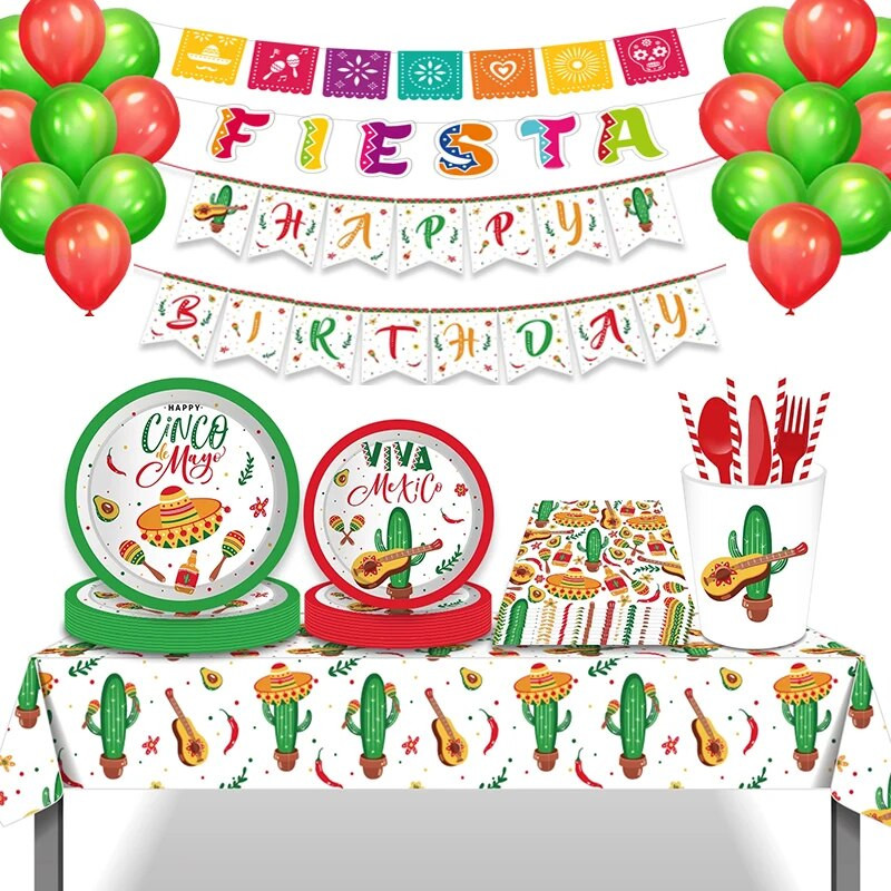 Μεξικό Fiesta Cactus Theme Party Αναλώσιμα επιτραπέζια σκεύη Χάρτινα πιάτα Κύπελλο χαρτοπετσέτες Taco Balloon Mexican Party Favors Decor Supplies