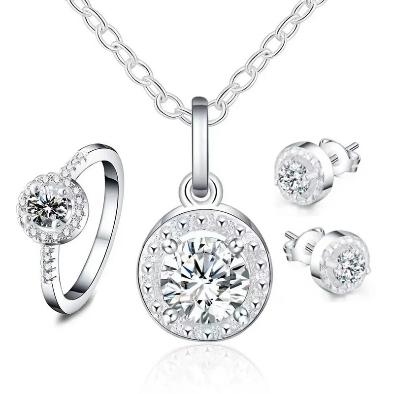 Κόσμημα κολιέ με κρύσταλλο ζιργκόν Δαχτυλίδι σκουλαρίκια Σετ Μόδα Απλή Γαμήλια Πάρτι Τρία Τεμάχια Σετ Κοσμήματα