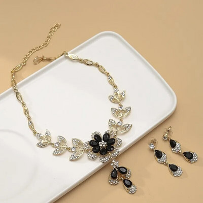 Μαύρο κρύσταλλο λουλούδι Γυναικεία σκουλαρίκια Κολιέ Κοσμήματα Σετ Πολυτελή Χρυσό Χρώμα Rhinestone Water Drop Vintage κοσμήματα γάμου