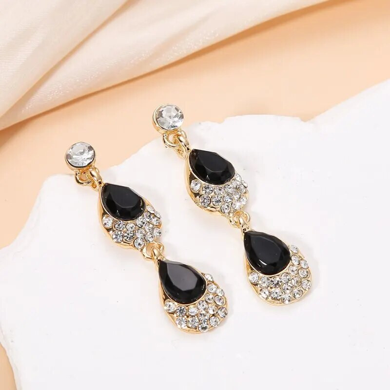Μαύρο κρύσταλλο λουλούδι Γυναικεία σκουλαρίκια Κολιέ Κοσμήματα Σετ Πολυτελή Χρυσό Χρώμα Rhinestone Water Drop Vintage κοσμήματα γάμου