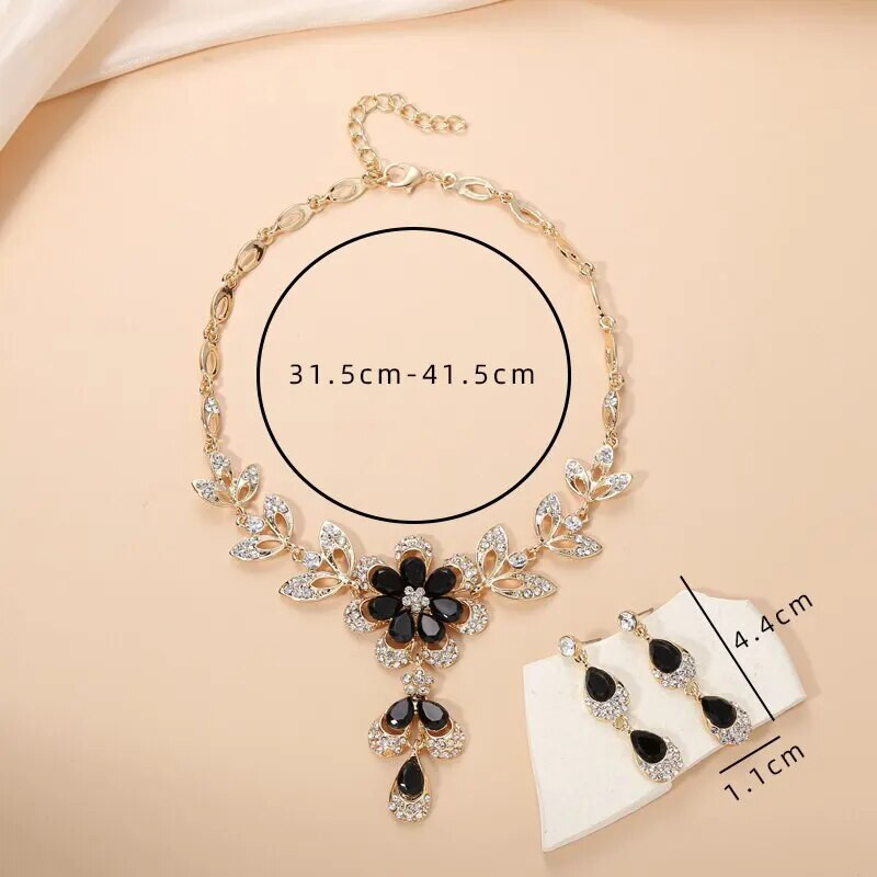 Μαύρο κρύσταλλο λουλούδι Γυναικεία σκουλαρίκια Κολιέ Κοσμήματα Σετ Πολυτελή Χρυσό Χρώμα Rhinestone Water Drop Vintage κοσμήματα γάμου