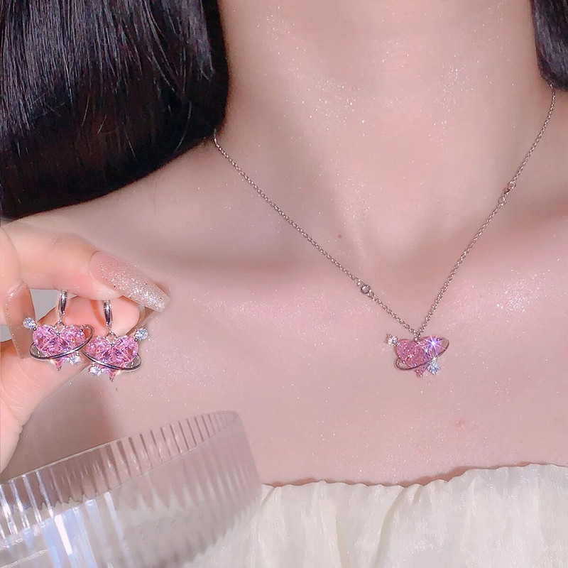 Νέο Μόδα Σκουλαρίκια Κολιέ Σετ Γυναικείο Κρεμαστό Κολιέ σε σχήμα καρδιάς Ζιργκόν Ροζ Κρύσταλλο Γυναικεία κοσμήματα Εκλεκτά δώρα