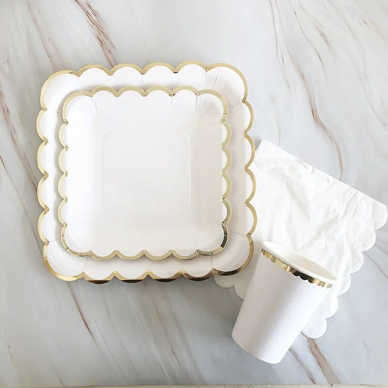 Χρυσό λευκό επιτραπέζιο σκεύος μιας χρήσης Χάρτινο πιάτο καλαμάκια Κύπελλο 1ου γενέθλιου ντεκόρ γάμου Παιδικό ντους παιδικό πάρτι