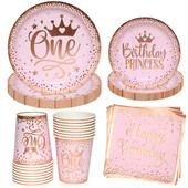 Pink Gold Girl One Year Birthday σερβίτσιο μιας χρήσης Princess Crown Plates Χάρτινα κύπελλα 1st Baby Girl Happy Birthday Decor